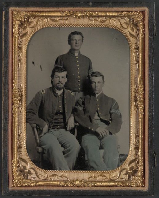 Three unidentified soldiers in Union 1st Lieutenant, 1st Sergeant, and Master sergeant uniforms.