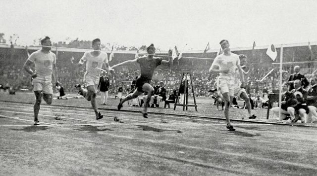 The final moments of the men's 100 metre final at the 1912 Olympics in Sweden where Kanakuri didn't make it