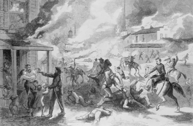  Rebel troops killing the citizens of Lawrence, Kansas, and setting fire to the buildings Source:Wikipedia/public domain