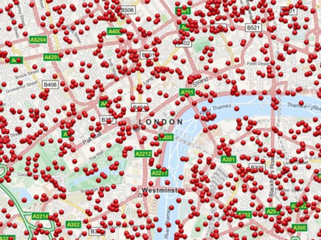A map showing the locations of bombings in central London during the Blitz. Source BombSight