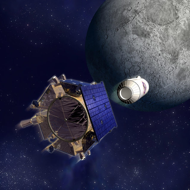 An illustration of the LCROSS Centaur impactor (the rockets spent second stage) and shepherding spacecraft as they approached impact with the lunar south pole on October 9, 2009..Source