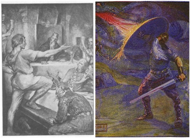 Left photo - Beowulf replies haughtily to Hunferth. Wikipedia/Public Domain, Right photo - Beowulf confronting a dragon. Wikipedia/Public Domain
