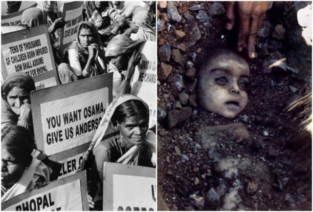 Left photo - Victims of Bhopal disaster march in September 2006 demanding the extradition of American Warren Anderson from the United States. Source, Right photo - Bhopal gas disaster girl, the burial of one iconic victim of the gas leak (4 December 1984). Source