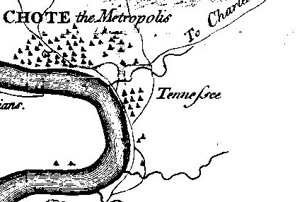 Detail of Tanasi (spelled Tennessee), as shown on Henry Timberlake's 1765 Draught of the Cherokee CountrySource Wikipedia Public Domain
