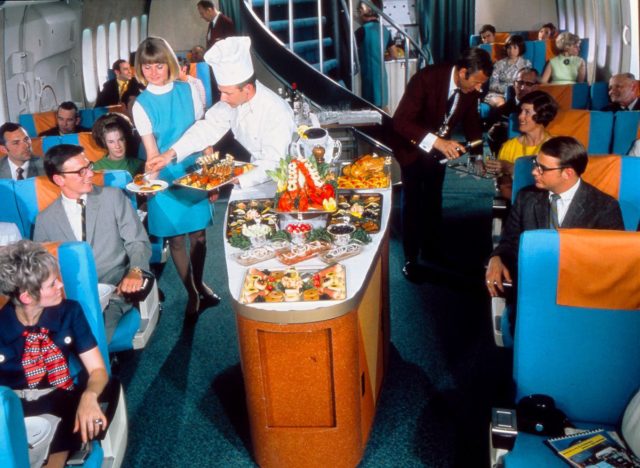 Dinner service aboard a Boeing 747.