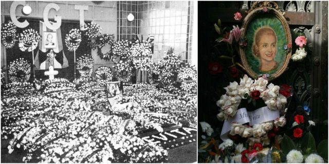 Left photo - Evita's elaborately adorned funeral. Source, Right photo - Perón rests in the Recoleta Cemetery. Source