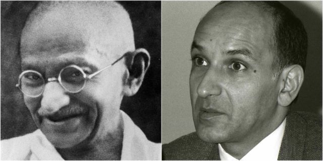 Left photo - Mahatma Gandhi. Wikipedia/Public Domain. Right photo - Sir Ben Kingsley at the "Gandhi" premiere. De Towpilot - Trabajo propio, CC BY-SA 3.0, https://commons.wikimedia.org/w/index.php?curid=1262841 