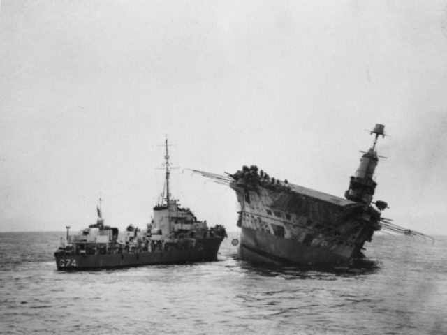 HMS Arc Royal slowly sinking to the bottom. Source: Wikipedia / Public Domain