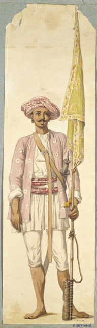 A soldier of Tipu Sultan's army, using his rocket as a flagstaff (Robert Home, 1793/4).