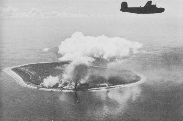 Japanese-occupied Nauru Island under attack by Liberator bombers of the Seventh Air Corps, April 1943.