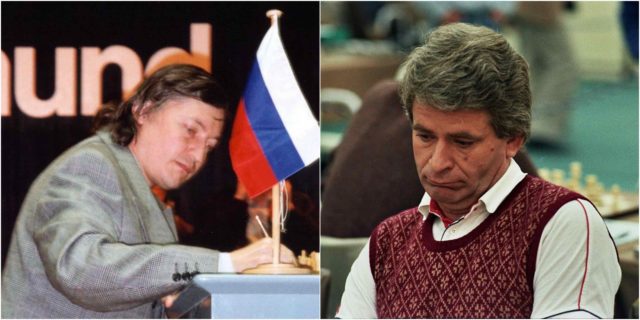 Left photo - In 1998 Polgár defeated Anatoly Karpov in a match of "action" chess (30 minutes per game). At the time Karpov was FIDE World Champion. CC BY-SA 3.0, https://commons.wikimedia.org/w/index.php?curid=301799, Right photo - In 1993, Polgár defeated former World Champion Boris Spassky (pictured here in 1984) in an exhibition match. By GFHund - Own work, CC BY 3.0, https://commons.wikimedia.org/w/index.php?curid=9517450