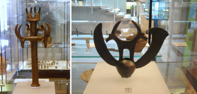 Left, Replica of bronze sceptre from the Nahal Mishmar Hoard. Right, Cooper “standard“, 11 cm high. Source1 Source2