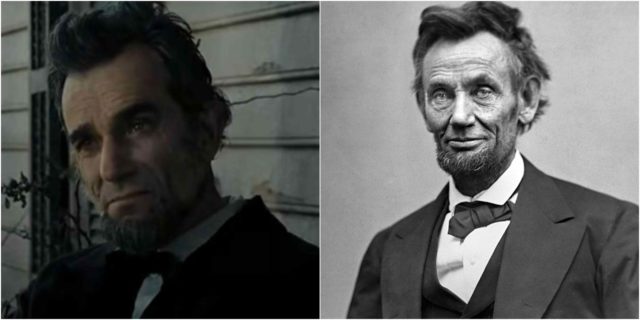 Left photo - Daniel Day-Lewis playing Abraham Lincoln in "Lincoln". Source: YouTube. Right photo - Abraham Lincoln. Wikipedia/Public Domain