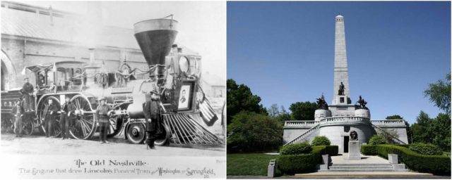 Left photo - Lincoln Train. Source, Right photo - Lincoln's tomb, Oak Ridge Cemetery. Source