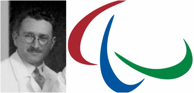 Left photo - Jewish-German born Dr. Ludwig Guttmann of Stoke Mandeville Hospital,[5] who had been helped to flee Nazi Germany by the Council for Assisting Refugee Academics (CARA) in 1939. Source, Right photo - IPC logo. Source