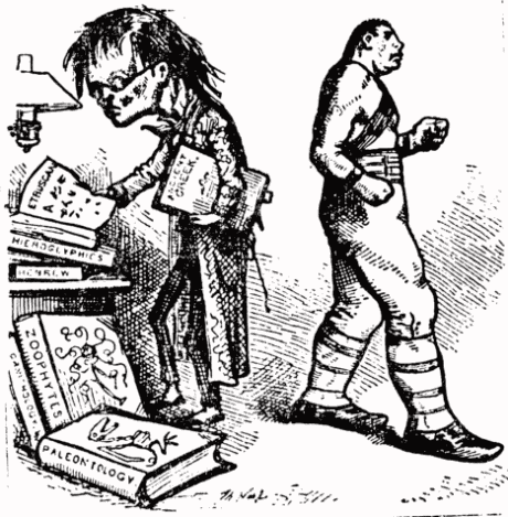 Intellectual and anti-intellectual: Political cartoonist Thomas Nast contrasts the reedy scholar with the bovine boxer, epitomizing the populist view of reading and study as antithetical to sport and athleticism. Note the disproportionate heads and bodies, with the size of the head representing "mental" ability and intelligence, and the size of the body representing kinesthetic talent and "physical" ability. Wikipedia/Public Domain