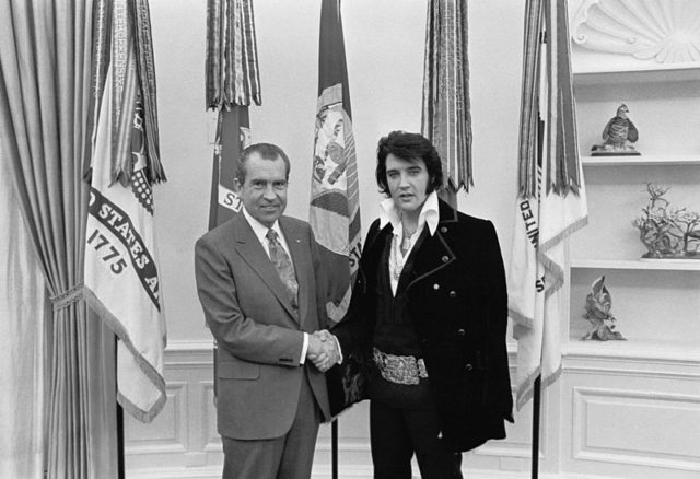 Nixon and Presley in the Oval Office on December 21, 1970. The meeting was kept secret until Jan. 27, 1972 when The Washington Post broke the story. Copies of this photo are requested from the National Archives more than any other image.