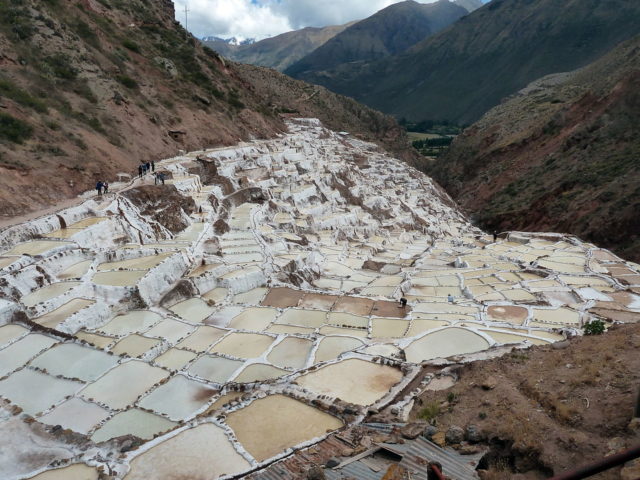 Ponds near Maras, Peru, fed from a mineral spring and used for salt production since the time of the Incas.By pululante - Salineras de MarasUploaded by snowmanradio, CC BY 2.0, https://commons.wikimedia.org/w/index.php?curid=29021739