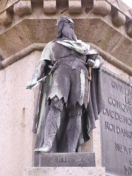 Rollo on the Six Dukes statue in Falaise town square.