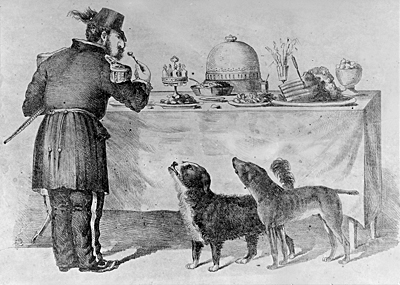 The Three Bummers. Edward Jump's cartoon shows Bummer and Lazarus begging scraps from Emperor Norton.Source