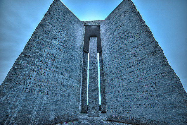 The monument is inscribed with directions for rebuilding civilization after the apocalypse.