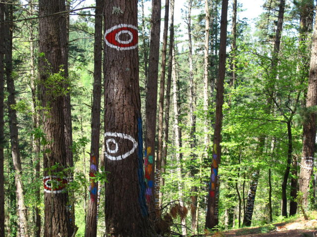 This open-air artistic installation consists of a large group of trees, painted in totem-like figures. Simonico -Own work, GFDL