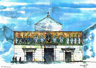 west facade of the Nativity of the time of Justinian, VI century. mosaic Source:Автор: Dr. A.G. Walls - http://www.pef.org.uk/church/, CC BY 3.0, https://uk.wikipedia.org/w/index.php?curid=1091838