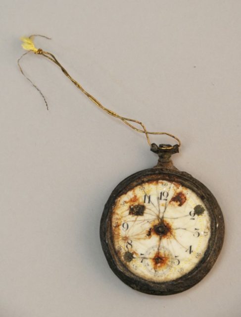 Time to die: A pocket watch found near the crematorium number 3 on the site of Nazi concentration camp of Auschwitz Birkenau. Photo creditPawel Sawicki/ Auschwitz Museum