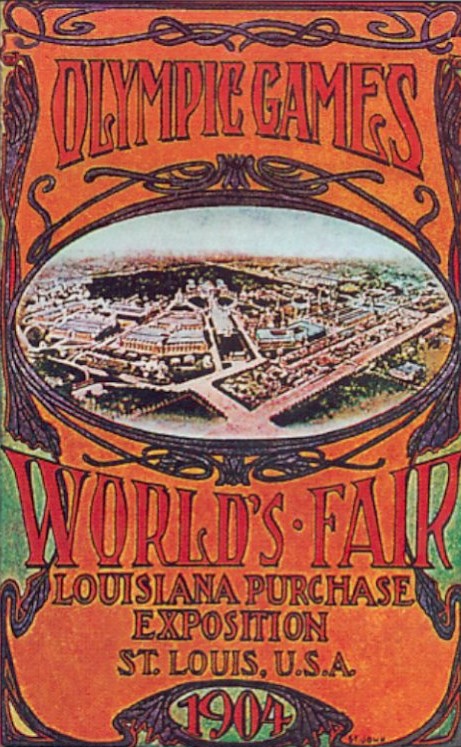 Poster for the 1904 Summer Olympics in St. Louis, United States. The Games were hosted at the Louisiana Purchase Exposition, and the cover of the expo’s daily program was used for the poster. Source: Wikipedia/Public Domain