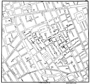 Original map by John Snow showing the clusters of cholera cases in the London epidemic of 1854. The pump is located at the intersection of Broad Street and Cambridge Street (now Lexington Street).