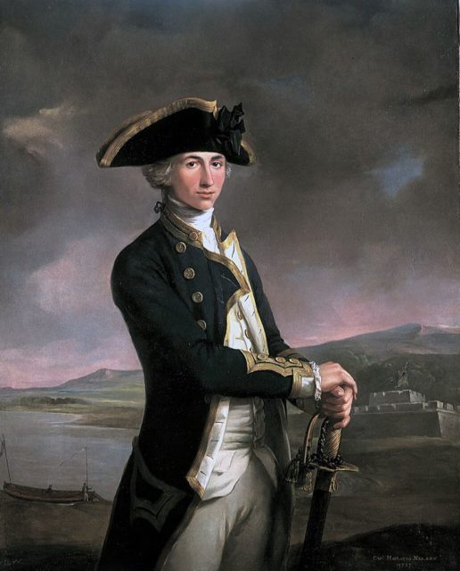 A young Horatio Nelson, with fort San Juan in the background, painted by John Francis Rigaud in 1781. This painting was made prior to battle when Nelson was just a lieutenant, and when he returned, the artist added his gold sleeves, depicting his rank as captain.