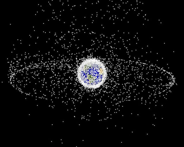 A computer-generated image representing space debris as seen from high Earth orbit 