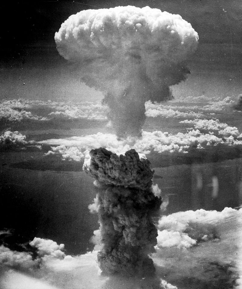 The rising mushroom cloud from the Nagaskai "Fat Man" bomb, August 9, 1945. Source: Wikipedia/Public Domain