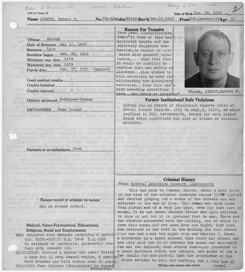 Stroud's mug shot #594-AZ taken in 1942 and information in the warden's notebook at Alcatraz