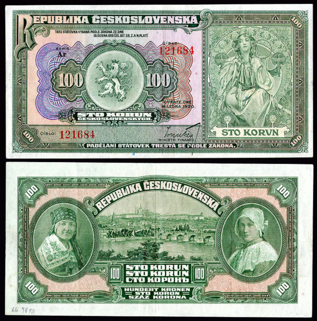 Mucha's design on a 100 korun note. Republic of Czechoslovakia. 1920