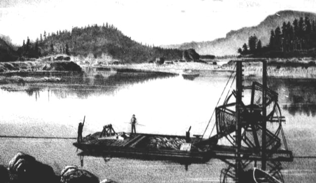 A fish wheel on the Columbia River in 1884. Wikipedia Public Domain