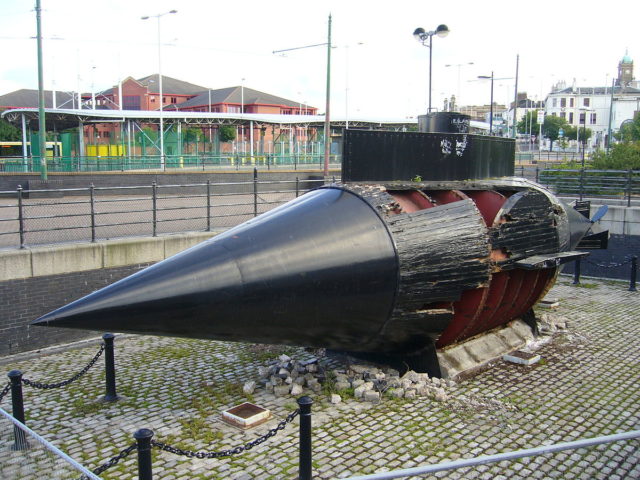 A replica of one of the two Resurgam submarines on display close to the Woodside terminal of the Mersey Ferry in Birkenhead, Wirral. Photo Credit