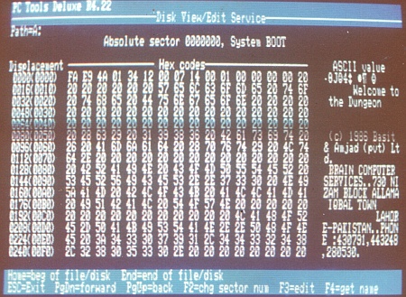 The Brain virus - Details of this photograph include (1) it is the hex dump of the boot sector of a floppy (A:) containing the first ever PC virus, Brain, (2) PC Tools Deluxe 4.22, a file manager and low-level editor, was being used (3) the PC was a 8088 running at 8 MHz and had 640 Kb of RAM (4) the graphics card was a CGA (4 colours at 320x200). By Avinash Meetoo - avinash@noulakaz.net - http://www.noulakaz.net/ - Avinashm at en.wikipedia - Transferred from en.wikipedia, CC BY 2.5, https://commons.wikimedia.org/w/index.php?curid=3919244