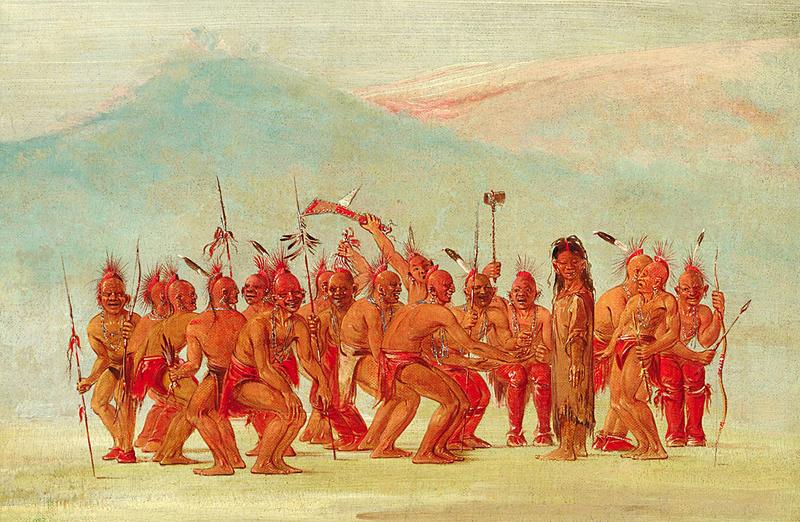 Drawing by George Catlin (1796-1872) while on the Great Plains, among the Sac and Fox Nation; the image depicts a ceremonial dance to celebrate the two-spirit person.