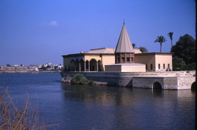 Conical structure covers the Nilometer on southern tip of Rhoda Island in the Nile River at Cairo The structure is modern but the Nilometer dates from 861 AD.