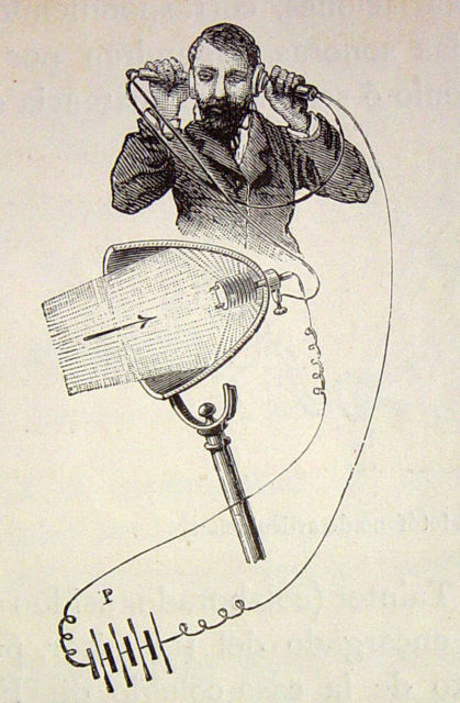 Illustration of a photophone receiver, depicting the conversion of modulated light to sound, as well as its electrical power source (P). Wikipedia/Public Domain