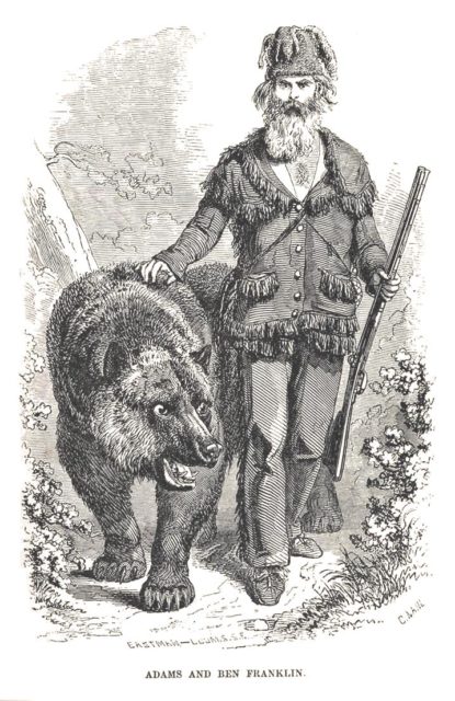 "Grizzly" Adams, with his grizzly bear, Benjamin Franklin, from the 1860 Hutchings' Illustrated California Magazine. Wikipedia/Public Domain