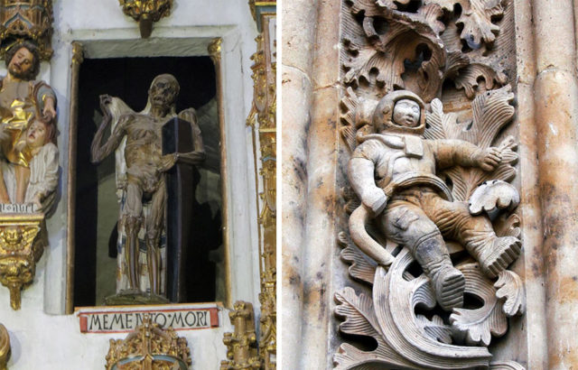 Left-Death - detail of the interior of the New Cathedral of Salamanca. By Appolonia1 CC BY-SA 3.0 Right-Astronaut sculpture, added during renovations in 1992. By Marshall Henrie CC BY-SA 3.0