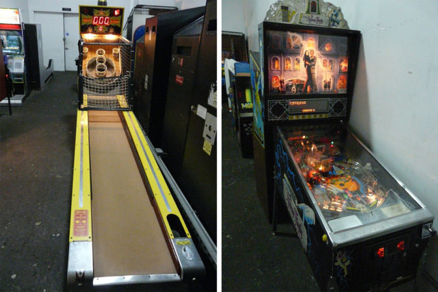 Left-Skeeball. By User Piotrus CC BY-SA 3.0 Right-The Addams Family pinball. By User Piotrus CC BY-SA 3.0