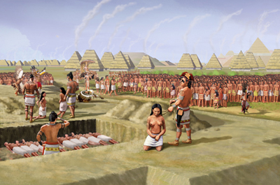 An illustration of the ritual sacrifice by strangulation of 53 of young women (aged 15 to 25) at the Mound 72 burial of an important personage, now referred to as the "Birdman" because of the falcon shaped arrangement of beads around his body. Mound 72 is a ridgetop mound at the Cahokia Mounds Site, a large Mississippian culture mound center located in present day Madison County, Illinois. Photo Credit