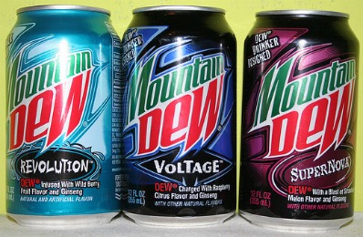 Dewmocracy 1: People's Dew (2008) flavor finalists: Revolution, Voltage, and Supernova. Wikipedia/Fair Use