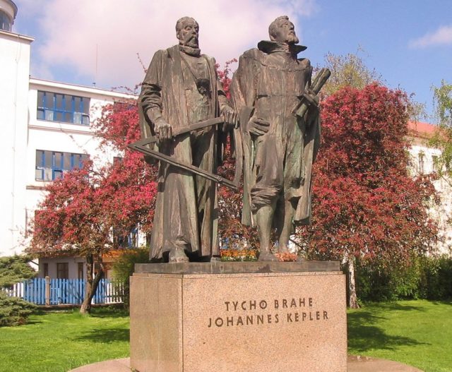 Statue of Brahe and Kepler in Prague, Czech Republic.