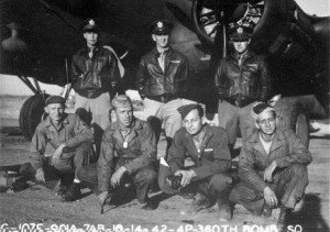The final crew of “Snap! Crackle! Pop!”, Arthur Adams’ men as of October 14, 1942 — back row (L to R): Arthur I Adams, Michael L. Libonati, Jr., Glen M. Herrington; front row, all unidentified except for second from right, Alfred M. Union. Photo Credit