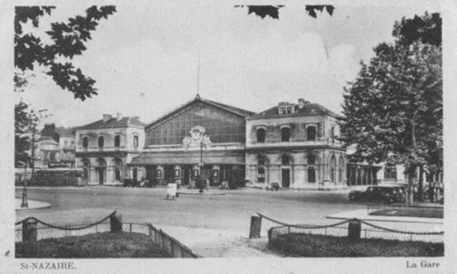 The railway station of St. Nazaire, mostly destroyed in a subsequent bombing raid in 1944. Source: French postcard, c. 1930s Photo Credit