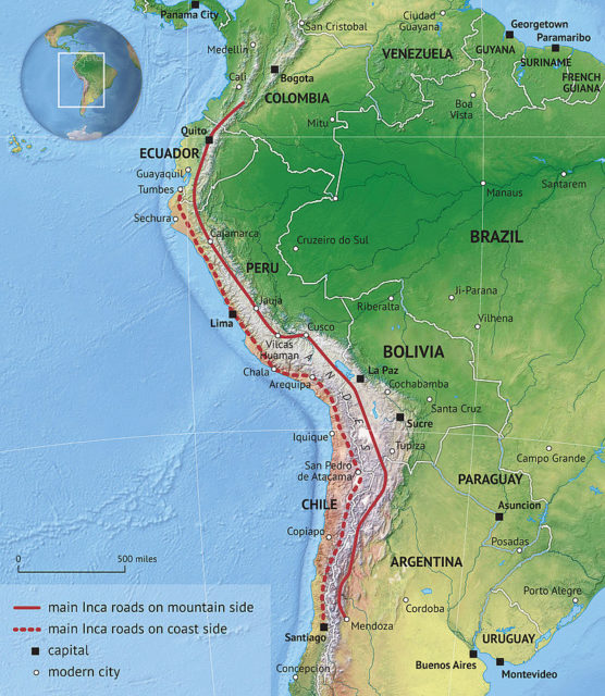 This map shows the Inca Road System through South America Photo Credit 